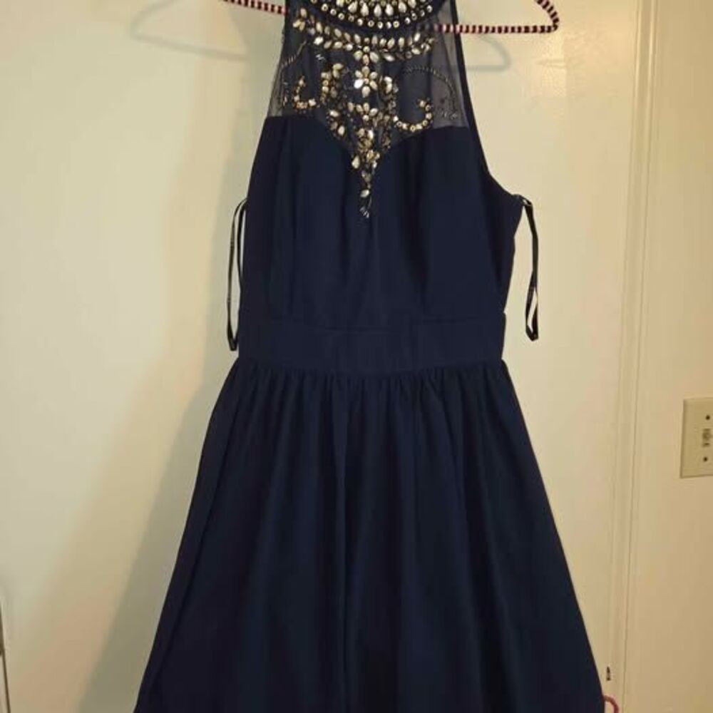 B. Darlin Navy Blue Embellished Halter Dress Size 5/6